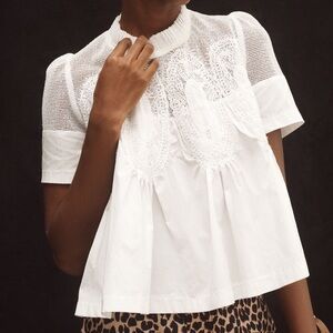 Anthro The Iris Short-Sleeve Lace Poplin Blouse by En Elly